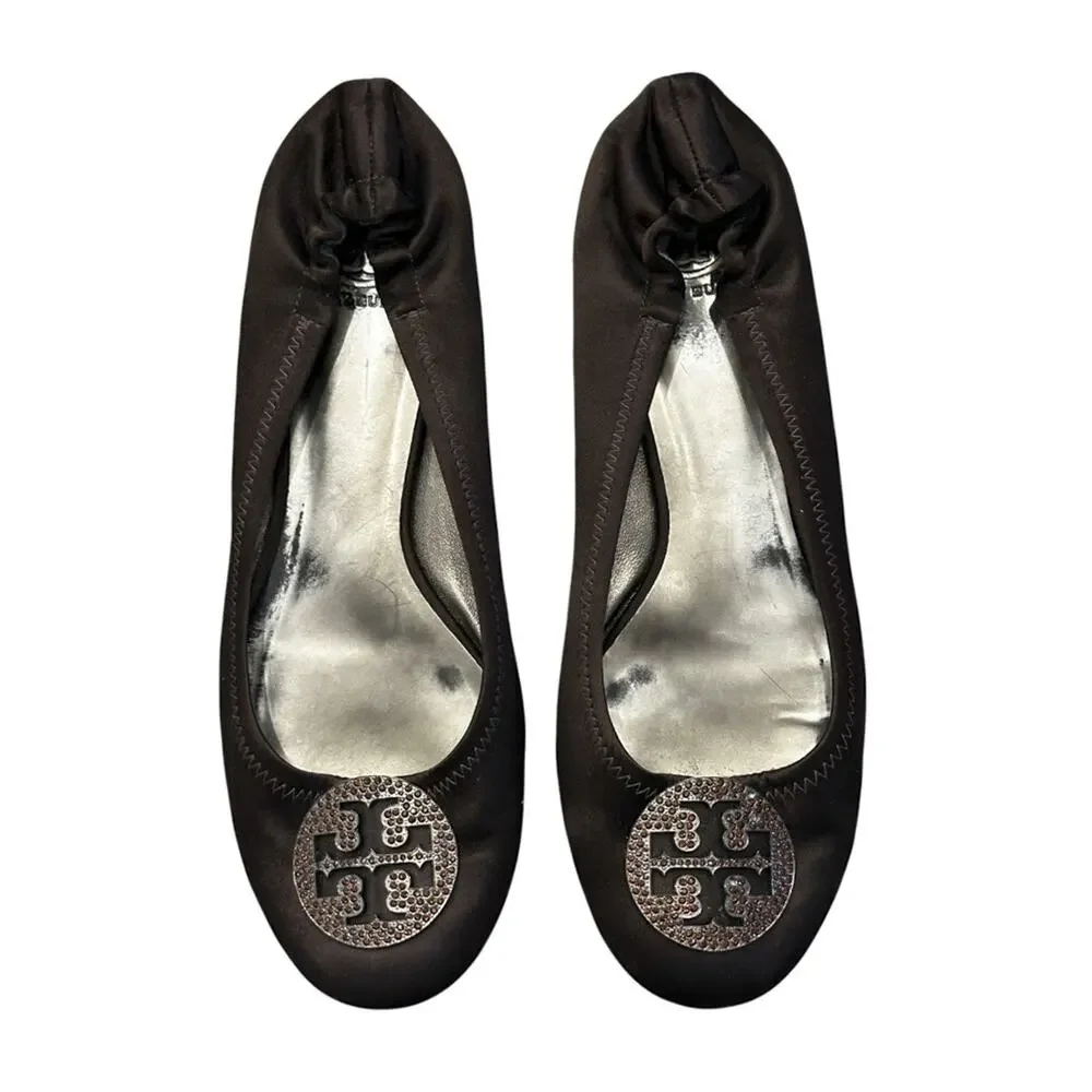 Tory Burch Minnie Crystal Reva Embellished Logo Ballet Flats Size 10 Brown